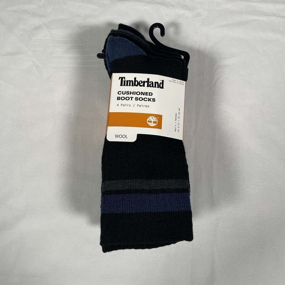 Timberland Mens 4 Pair Cushioned Wool Blend Boot Socks Black Blue Grey